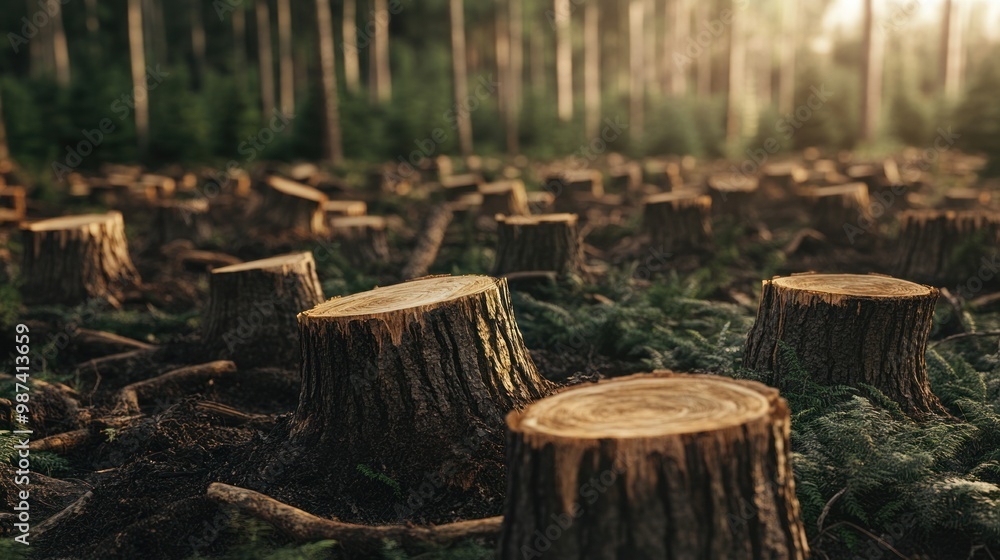 A forest reduced to stumps due to deforestation, highlighting the loss of biodiversity and carbon sequestration capabilities A forest reduced to stumps due to deforestation, highlighting the loss of biodiversity and carbon sequestration capabilities