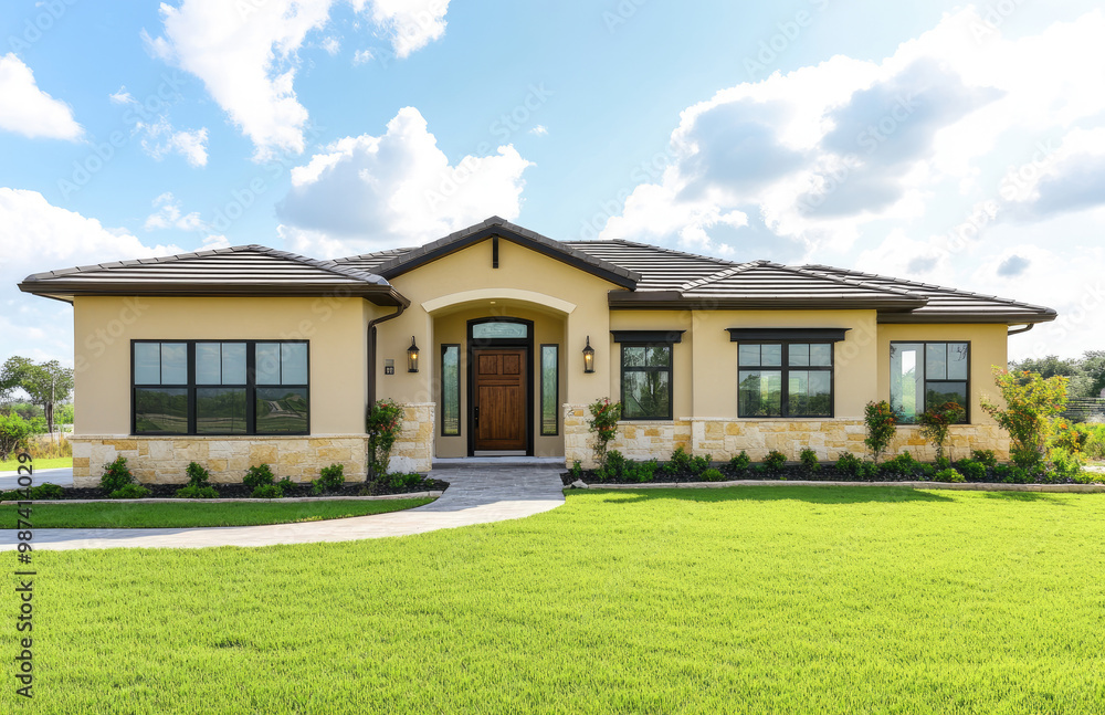 Beautiful front view of the exterior of an elegant single-story home Beautiful front view of the exterior of an elegant single-story home