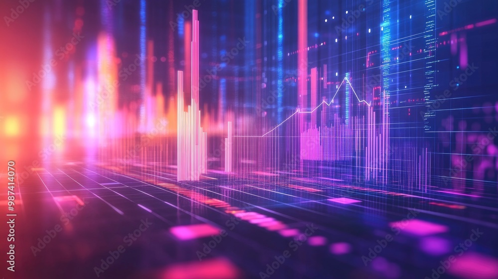 A vibrant 3D financial graph with rising bars and line charts, symbolizing economic growth and success, set against a futuristic digital background A vibrant 3D financial graph with rising bars and line charts, symbolizing economic growth and success, set against a futuristic digital background