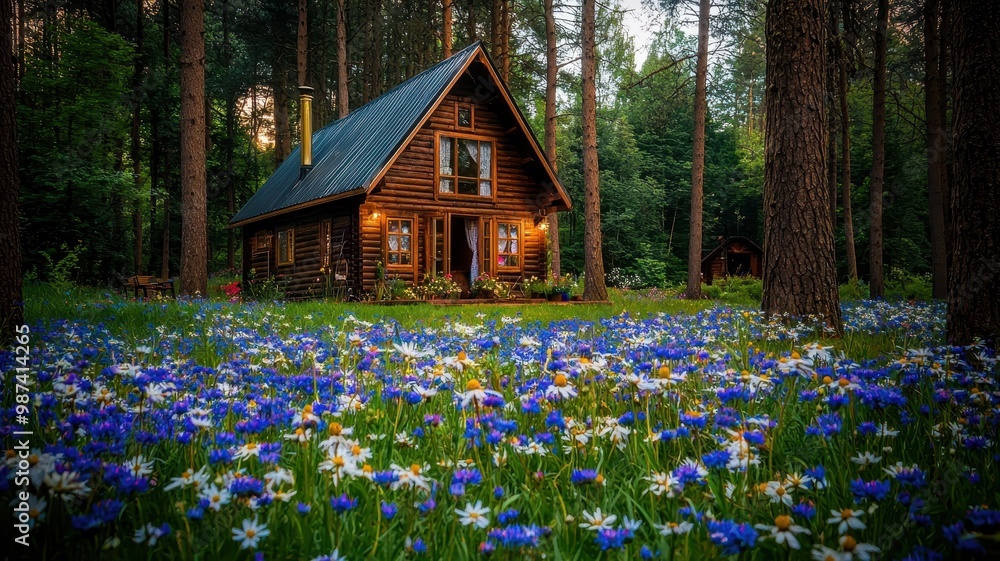 A cozy wooden cabin surrounded by vibrant wildflowers in a serene forest setting. A cozy wooden cabin surrounded by vibrant wildflowers in a serene forest setting.