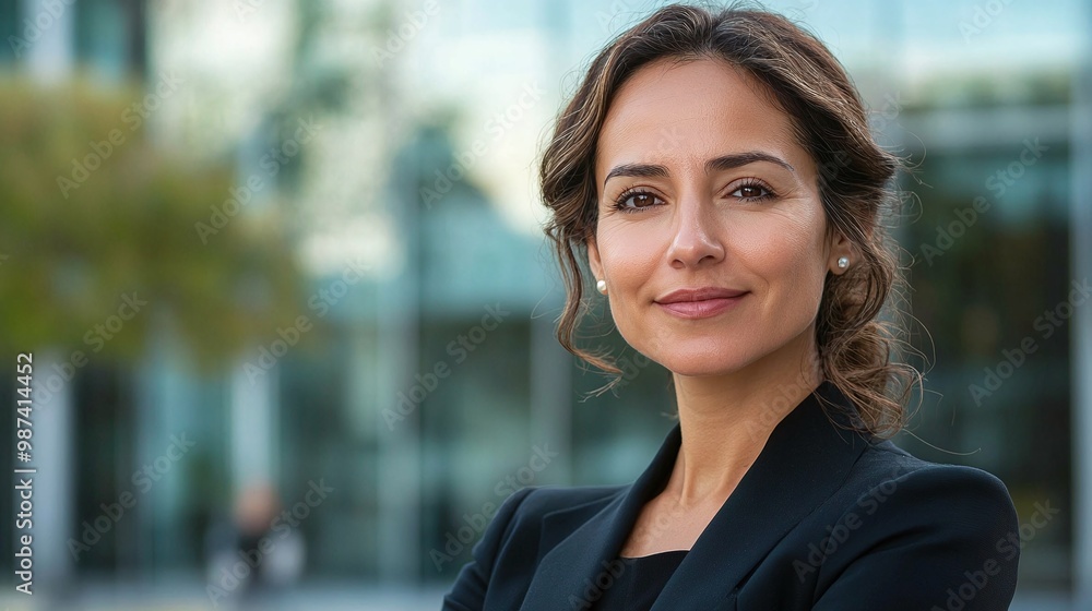 captivating portrait of a mature Hispanic woman in a suit, standing outdoors with a business center backdrop, highlighting her confidence and sophistication in a professional environment captivating portrait of a mature Hispanic woman in a suit, standing outdoors with a business center backdrop, highlighting her confidence and sophistication in a professional environment