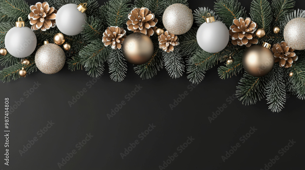 Festive Christmas garland featuring white and gold ornaments, pinecones, and lush green pine branches, perfect for holiday decoration Festive Christmas garland featuring white and gold ornaments, pinecones, and lush green pine branches, perfect for holiday decoration