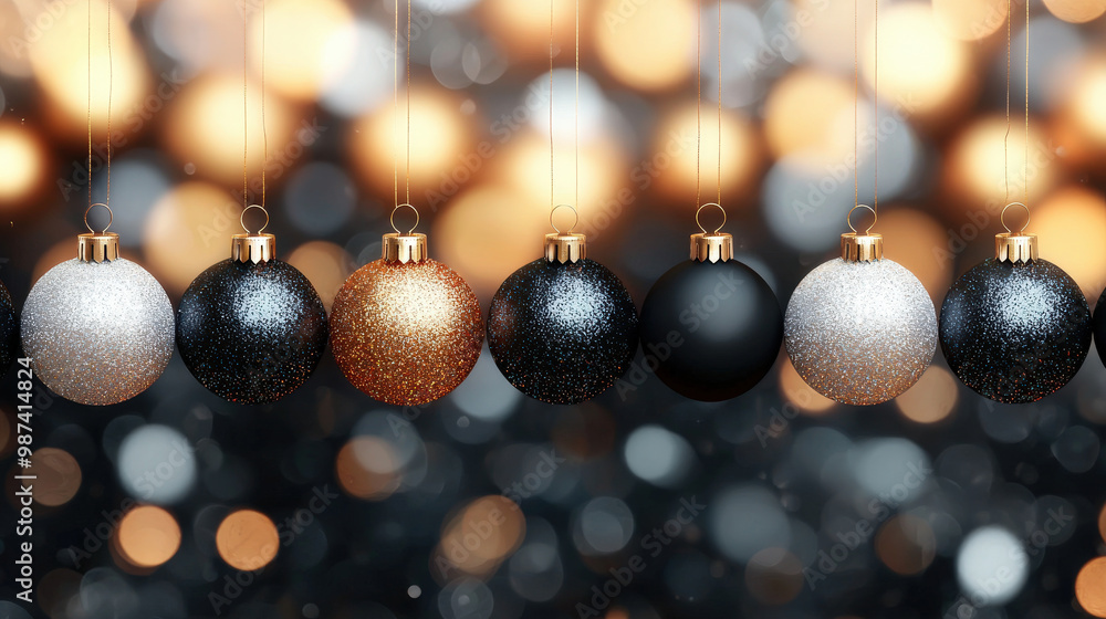 Shimmering Christmas ornaments in silver, black, and gold hang gracefully against blurred background of warm bokeh lights, creating festive and joyful atmosphere Shimmering Christmas ornaments in silver, black, and gold hang gracefully against blurred background of warm bokeh lights, creating festive and joyful atmosphere