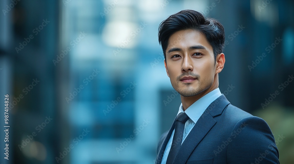 handsome Asian professional in a suit, posing outdoors with a business center blurred in the background, highlighting modern style and sophistication in a lifestyle portrait handsome Asian professional in a suit, posing outdoors with a business center blurred in the background, highlighting modern style and sophistication in a lifestyle portrait