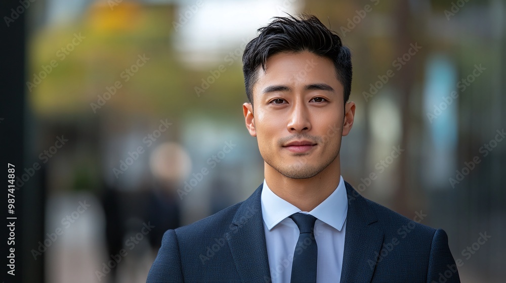 handsome Asian professional in a suit, posing outdoors with a business center blurred in the background, highlighting modern style and sophistication in a lifestyle portrait handsome Asian professional in a suit, posing outdoors with a business center blurred in the background, highlighting modern style and sophistication in a lifestyle portrait