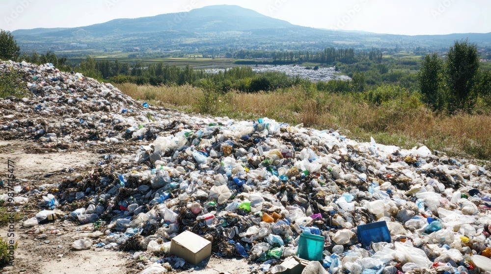 A landfill filled with plastic waste, symbolizing land pollution and the need for sustainable waste management solutions A landfill filled with plastic waste, symbolizing land pollution and the need for sustainable waste management solutions