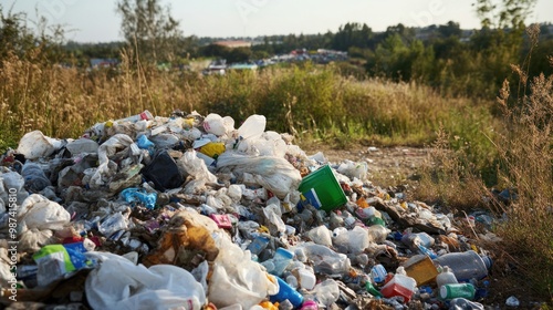 A landfill filled with plastic waste, symbolizing land pollution and the need for sustainable waste management solutions