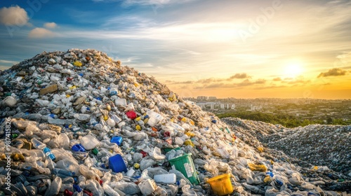 A landfill site filled with plastic waste, representing land pollution and the need for better waste management and recycling programs photo