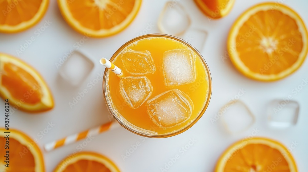 Top view of a glass of freshly squeezed orange juice with ice cubes, surrounded by sliced oranges and a straw on a white table. Top view of a glass of freshly squeezed orange juice with ice cubes, surrounded by sliced oranges and a straw on a white table.