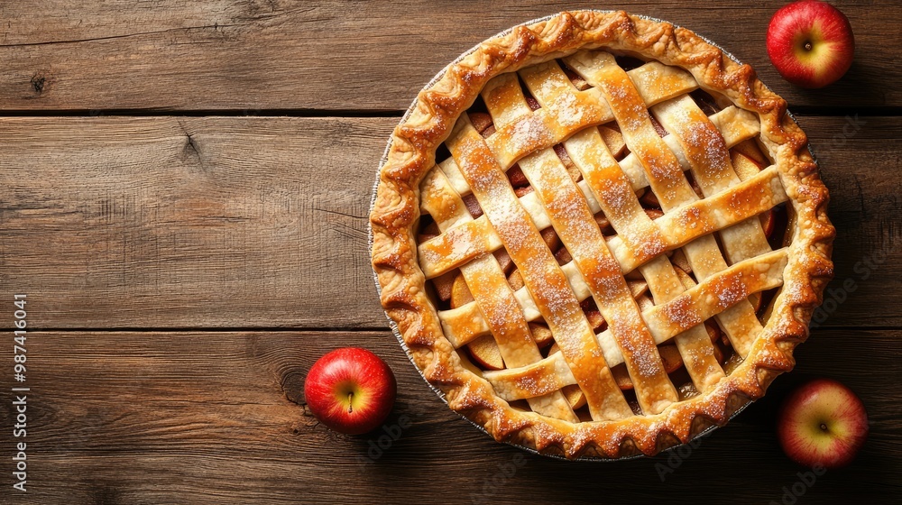 Top view of a freshly baked apple pie with a golden lattice crust, sprinkled with sugar, and placed on a rustic wooden table. Top view of a freshly baked apple pie with a golden lattice crust, sprinkled with sugar, and placed on a rustic wooden table.