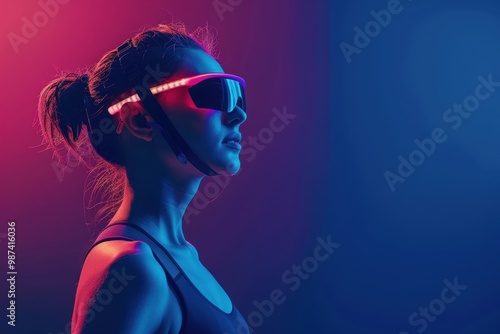 Woman Wearing Futuristic LED Smart Glasses in Neon Light