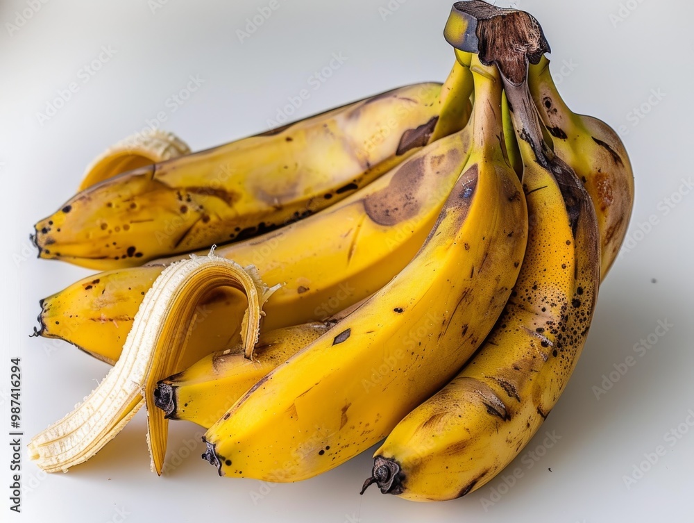 A bunch of bananas with a peeled section on a white background A bunch of bananas with a peeled section on a white background