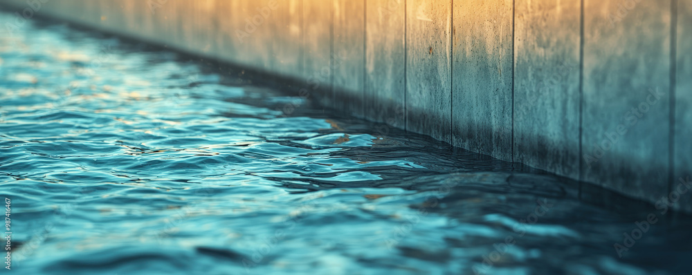 Obraz premium tranquil water reflects warm light, creating serene atmosphere by concrete wall. gentle ripples add to peaceful scene, inviting calmness and reflection