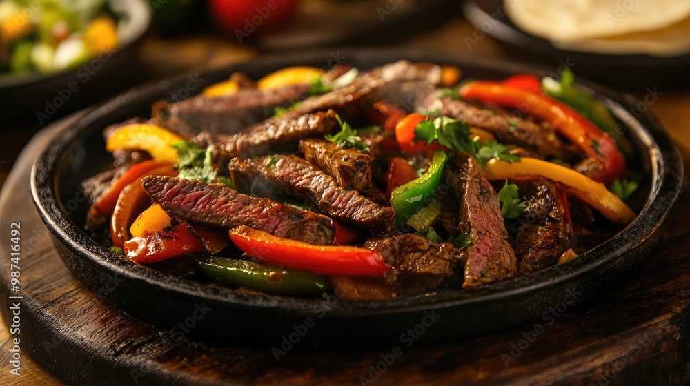 A vibrant steak fajita platter with sizzling strips of beef, colorful bell peppers, and warm tortillas, inviting viewers to indulge in a flavorful meal A vibrant steak fajita platter with sizzling strips of beef, colorful bell peppers, and warm tortillas, inviting viewers to indulge in a flavorful meal
