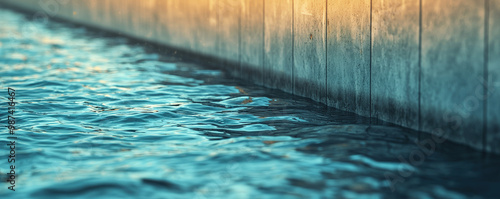tranquil water reflects warm light, creating serene atmosphere by concrete wall. gentle ripples add to peaceful scene, inviting calmness and reflection
