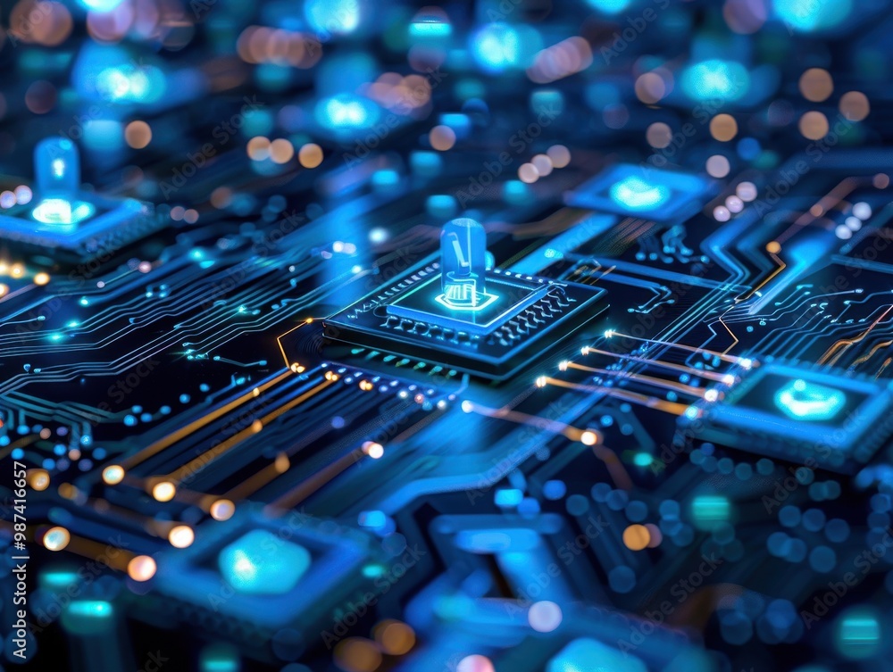Advanced Circuit Board with Glowing Security Icons Advanced Circuit Board with Glowing Security Icons