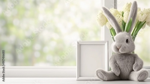 A serene nursery space showcases a soft-colored bed with a bunny toy and a blank picture frame on the wall, enhanced by gentle sunlight filtering through the window