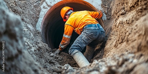 Engineer examining excavation concrete Drainage Pipe and manhole water system underground at construction site. 