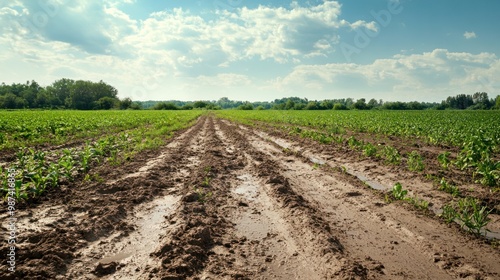 A polluted field showing the effects of soil contamination, with crops struggling to grow in the degraded environment