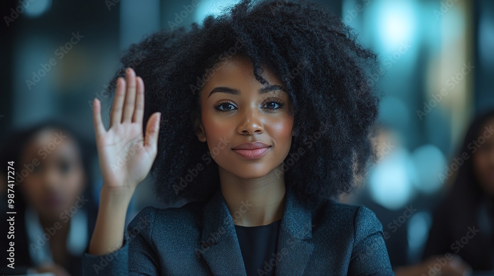 confident black businesswoman in a professional meeting, boldly raising her hand to speak and ask questions, demonstrating her leadership and assertiveness in the workplace confident black businesswoman in a professional meeting, boldly raising her hand to speak and ask questions, demonstrating her leadership and assertiveness in the workplace