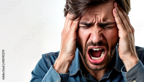 Stressed businessman suffering from strong headache is screaming