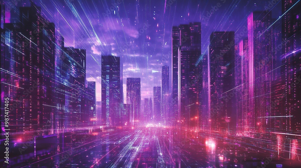 Creative glowing purple night city wallpaper with digital data lines all over. Smart city, VR, AI and innovation concept. generative ai Creative glowing purple night city wallpaper with digital data lines all over. Smart city, VR, AI and innovation concept. generative ai