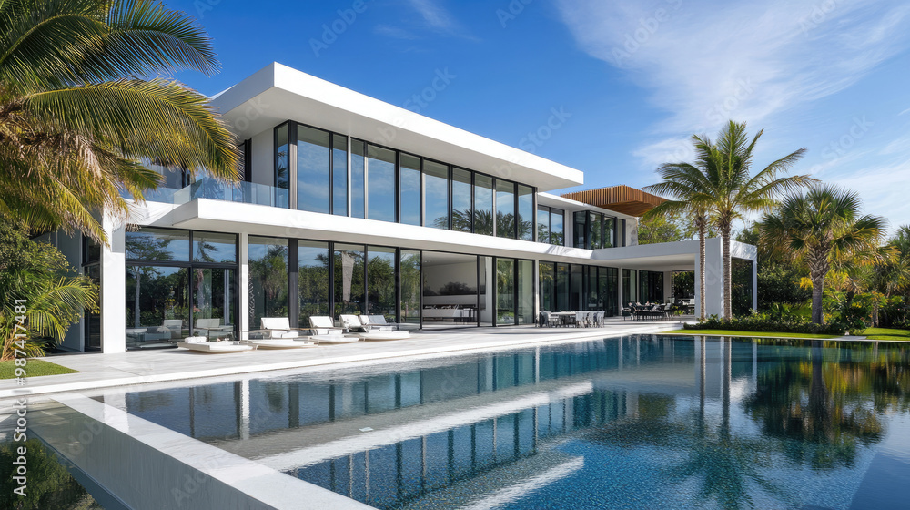 Fototapeta premium Modern two-story villa with white exterior walls, glass windows, and a swimming pool in front of the house. 