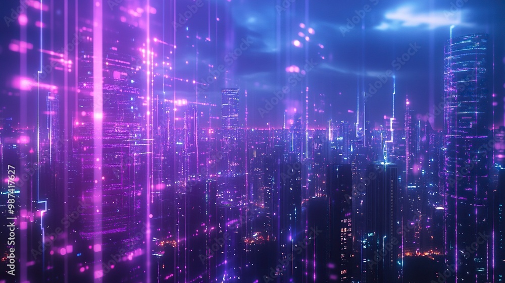 Creative glowing purple night city wallpaper with digital data lines all over. Smart city, VR, AI and innovation concept. generative ai Creative glowing purple night city wallpaper with digital data lines all over. Smart city, VR, AI and innovation concept. generative ai