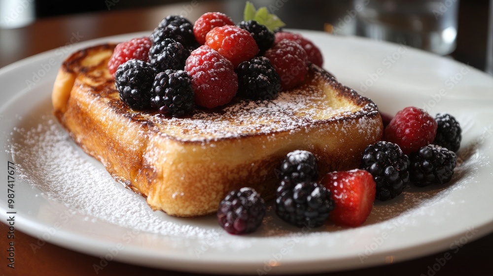A warm piece of French toast topped with fresh berries and a dusting of powdered sugar, beautifully arranged on a white plate for an indulgent breakfast treat. A warm piece of French toast topped with fresh berries and a dusting of powdered sugar, beautifully arranged on a white plate for an indulgent breakfast treat.
