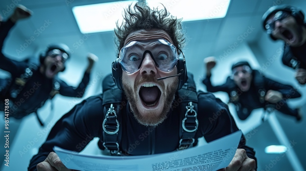 Focused shot of a CEO leading a meeting while falling through an endless skydiving session, flipping through papers as the team follows, screaming into headsets Focused shot of a CEO leading a meeting while falling through an endless skydiving session, flipping through papers as the team follows, screaming into headsets