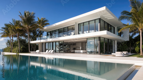 Modern two-story villa with white exterior walls, glass windows, and a swimming pool in front of the house. 