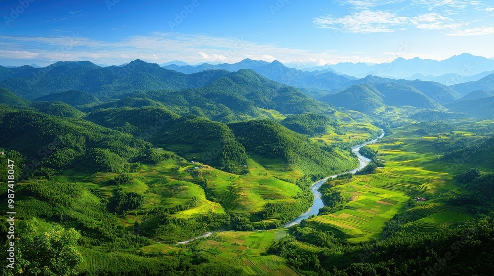 Obraz premium Top view of a lush green mountain range, with a winding river and a patchwork of fields below, under a clear blue sky.