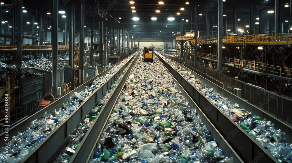 A recycling facility processing plastic waste, illustrating the importance of recycling in reducing pollution and conserving resources A recycling facility processing plastic waste, illustrating the importance of recycling in reducing pollution and conserving resources