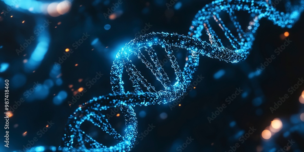 DNA double helix with blue and white lighting against a dark background, highlighting its twists and nucleotide bonds, symbolizing biotechnology and genetics research. DNA double helix with blue and white lighting against a dark background, highlighting its twists and nucleotide bonds, symbolizing biotechnology and genetics research.