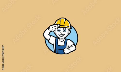 Smiling construction worker saluting vector logo.