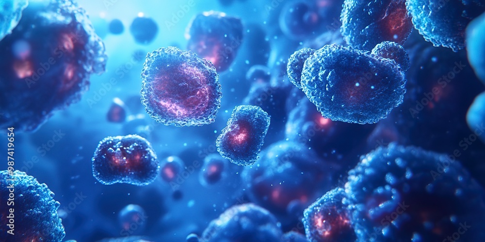 Close-up of glowing cells in a blue environment, ideal for medical, scientific, or biotechnology content related to cellular research, microbiology, or health sciences Close-up of glowing cells in a blue environment, ideal for medical, scientific, or biotechnology content related to cellular research, microbiology, or health sciences