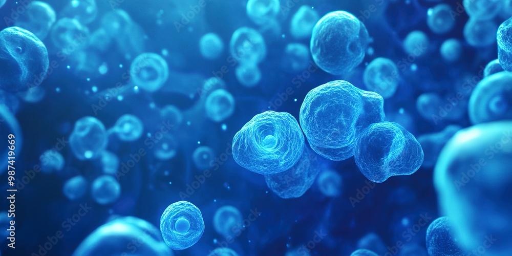 Close-up of glowing cells in a blue environment, ideal for medical, scientific, or biotechnology content related to cellular research, microbiology, or health sciences Close-up of glowing cells in a blue environment, ideal for medical, scientific, or biotechnology content related to cellular research, microbiology, or health sciences