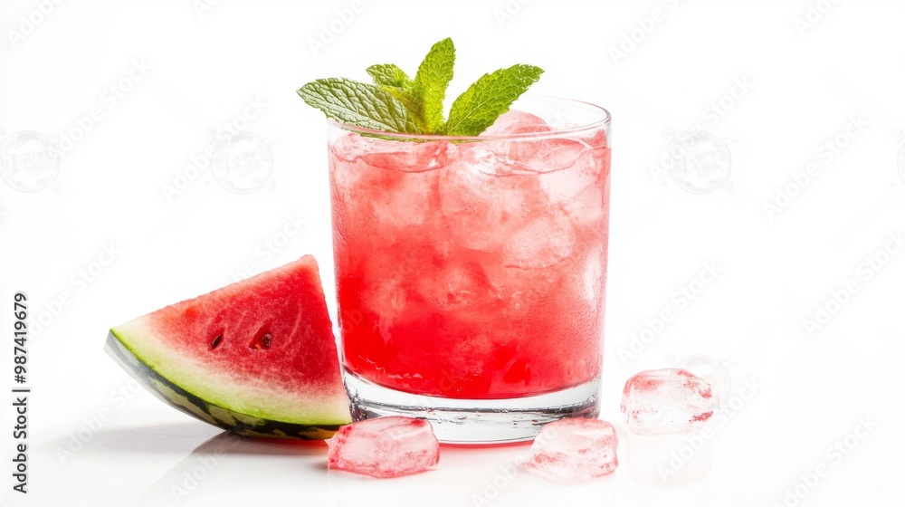 A refreshing watermelon-themed summer drink in a clear glass with ice cubes and a slice of watermelon, garnished with a mint sprig, set against a bright white backdrop A refreshing watermelon-themed summer drink in a clear glass with ice cubes and a slice of watermelon, garnished with a mint sprig, set against a bright white backdrop