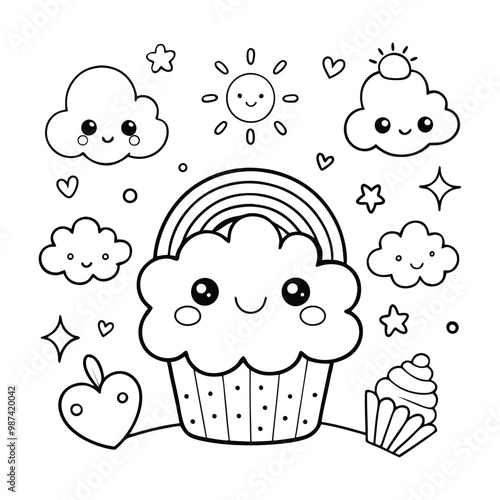 kawaii clouds, rainbow, kawaii sun,  and cupcakes vector illustration, a coloring page for kids and adults