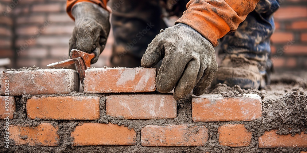 Close up of industrial bricklayer installing bricks on construction site . - Close up of industrial bricklayer installing bricks on construction site . -