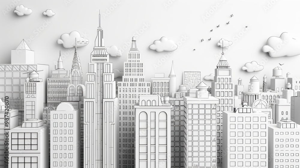 A detailed cityscape in black and white, showcasing crisp lines and clean outlines that highlight the urban landscape's architectural beauty. This illustration is perfect for a therapeutic coloring A detailed cityscape in black and white, showcasing crisp lines and clean outlines that highlight the urban landscape's architectural beauty. This illustration is perfect for a therapeutic coloring