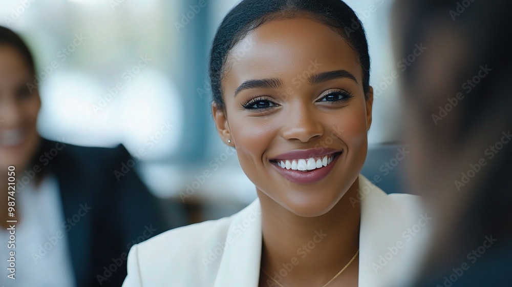 A beautiful smiling businesswoman in a boardroom meeting with coworkers, exuding confidence