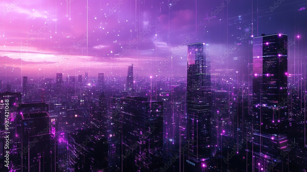 Creative glowing purple night city wallpaper with digital data lines all over. Smart city, VR, AI and innovation concept. generative ai Creative glowing purple night city wallpaper with digital data lines all over. Smart city, VR, AI and innovation concept. generative ai