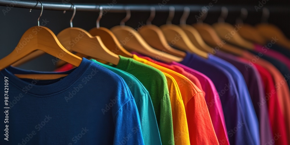 Obraz premium Colorful Shirts Hanging on Hangers in Arrangement