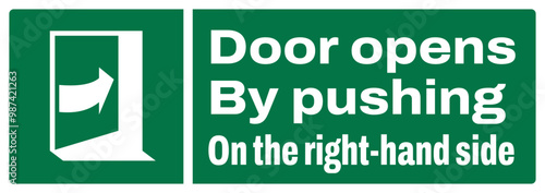 ISO emergency and first aid safety signs text variation landscape_door opens by pushing on the right-hand side size 1/2 a4,a3,a2,a1