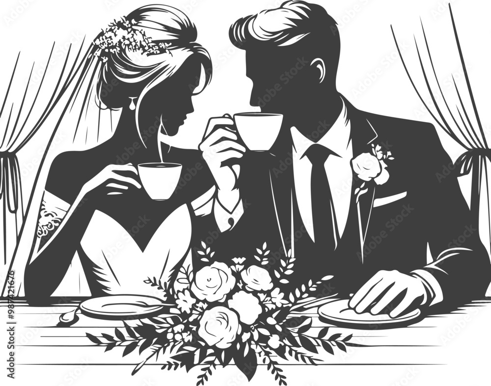 Wedding husband and wife are sitting at the table and drinking coffee silhouette vector design Wedding husband and wife are sitting at the table and drinking coffee silhouette vector design