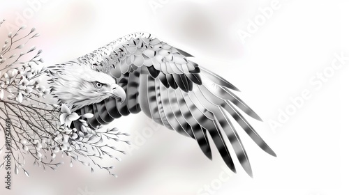 A stylized eagle drawing suitable for black and white coloring, characterized by its clear lines and straightforward outlines. This image is ideal for relaxing and therapeutic coloring sessions.