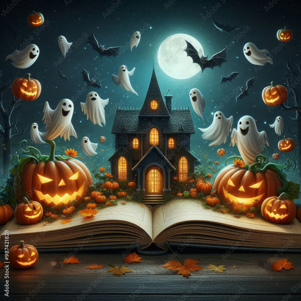 The open storybook features a Halloween scene with a mystical haunted house surrounded by a pair of pumpkins and ghosts. The world in this collection comes to life and bats fly The open storybook features a Halloween scene with a mystical haunted house surrounded by a pair of pumpkins and ghosts. The world in this collection comes to life and bats fly
