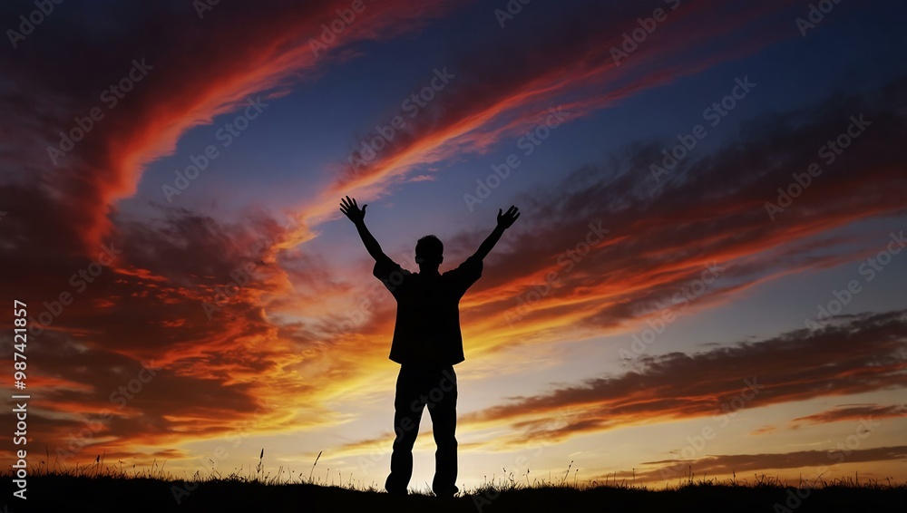 Silhouette of a man reaching toward a colorful sky. Silhouette of a man reaching toward a colorful sky.