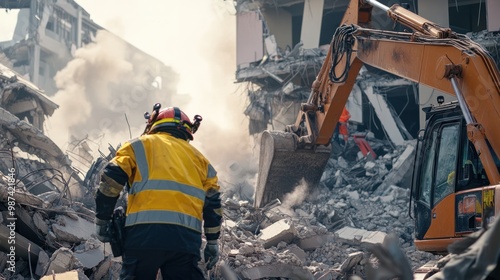 AI robots navigating collapsed buildings, scanning the debris for survivors and providing critical information to rescue crews photo